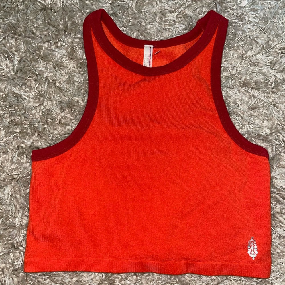 Free People Red-Orange Ribbed Crop Tank with Maroon Trim